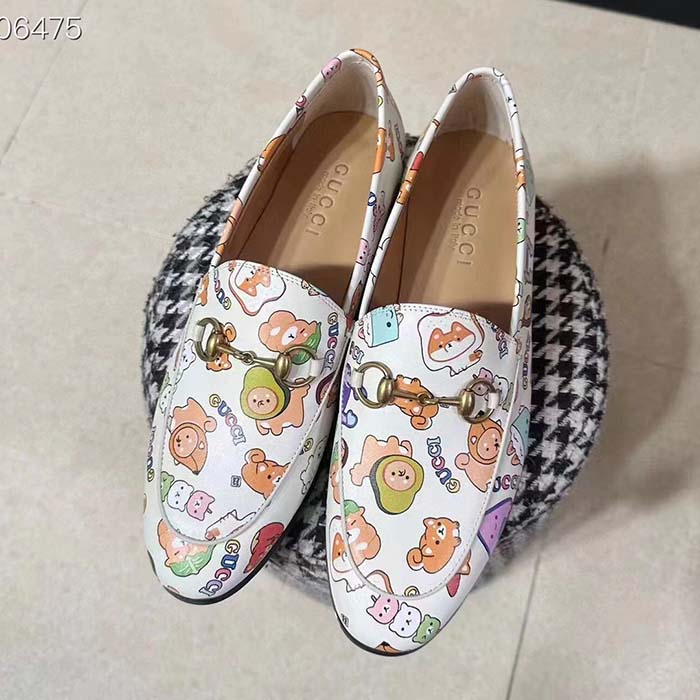 Gucci Women GG Jordaan Animal Print Loafer White Leather Flat
