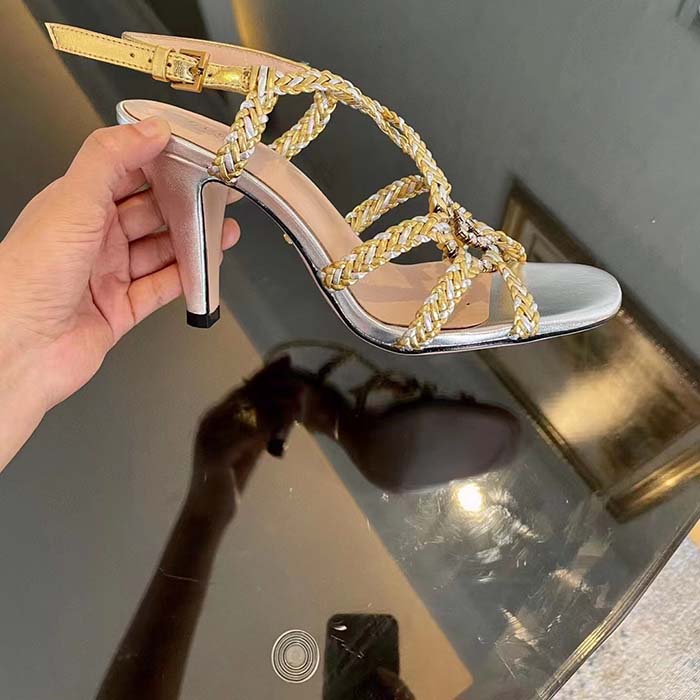 Gucci Women GG Nojum High Heel Sandal Metallic Platinum Silver Braided Leather 9 CM