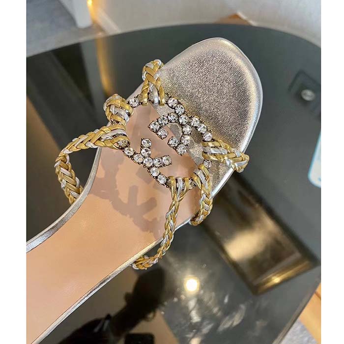 Gucci Women GG Nojum Slide Sandal Metallic Platinum Silver Braided Leather Mid-Heel