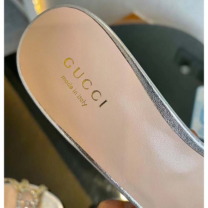 Gucci Women GG Nojum Slide Sandal Metallic Platinum Silver Braided Leather Mid-Heel