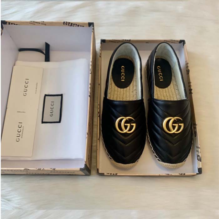 Gucci Women GG Shoes Espadrilles Leather Loafer Low Heel-Black