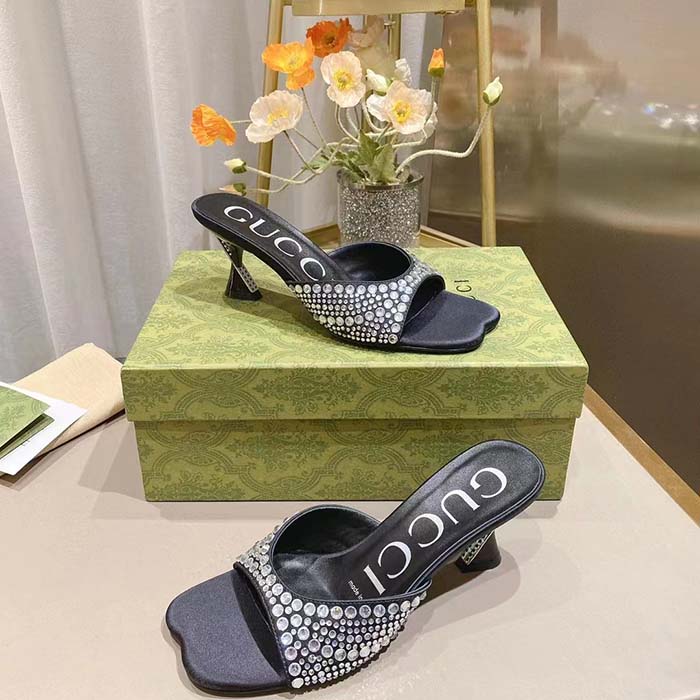 Gucci Women GG Slide Sandal Crystals Black Silk Satin Mid 6 CM Heel
