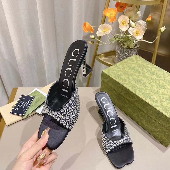 Gucci Women GG Slide Sandal Crystals Black Silk Satin Mid 6 CM Heel