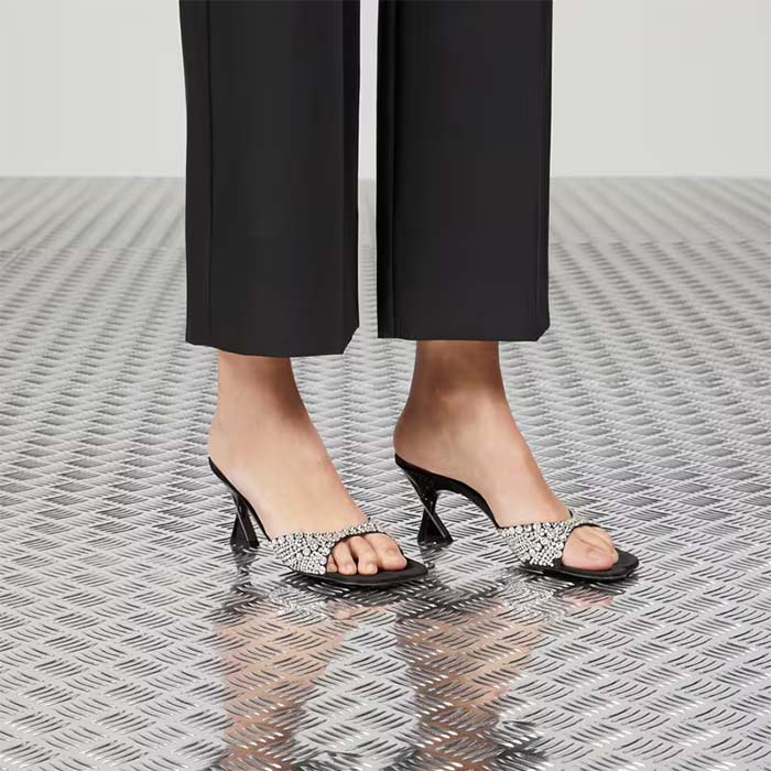 Gucci Women GG Slide Sandal Crystals Black Silk Satin Mid 6 CM Heel