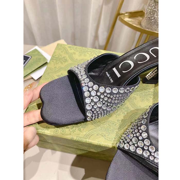 Gucci Women GG Slide Sandal Crystals Black Silk Satin Mid 6 CM Heel