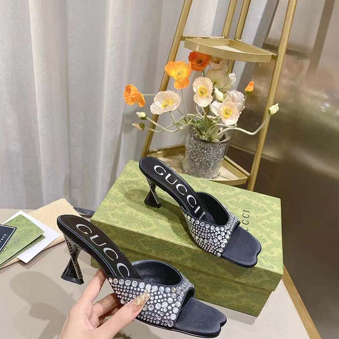 Gucci Women GG Slide Sandal Crystals Black Silk Satin Mid 6 CM Heel