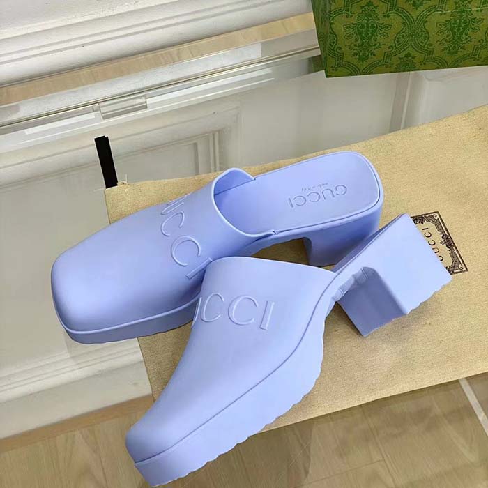 Gucci Women GG Slip-On Sandal Pastel Blue Rubber Embossed Logo Square Toe Chevron
