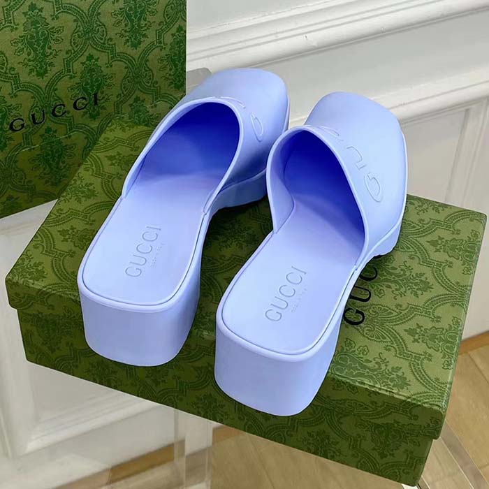 Gucci Women GG Slip-On Sandal Pastel Blue Rubber Embossed Logo Square Toe Chevron