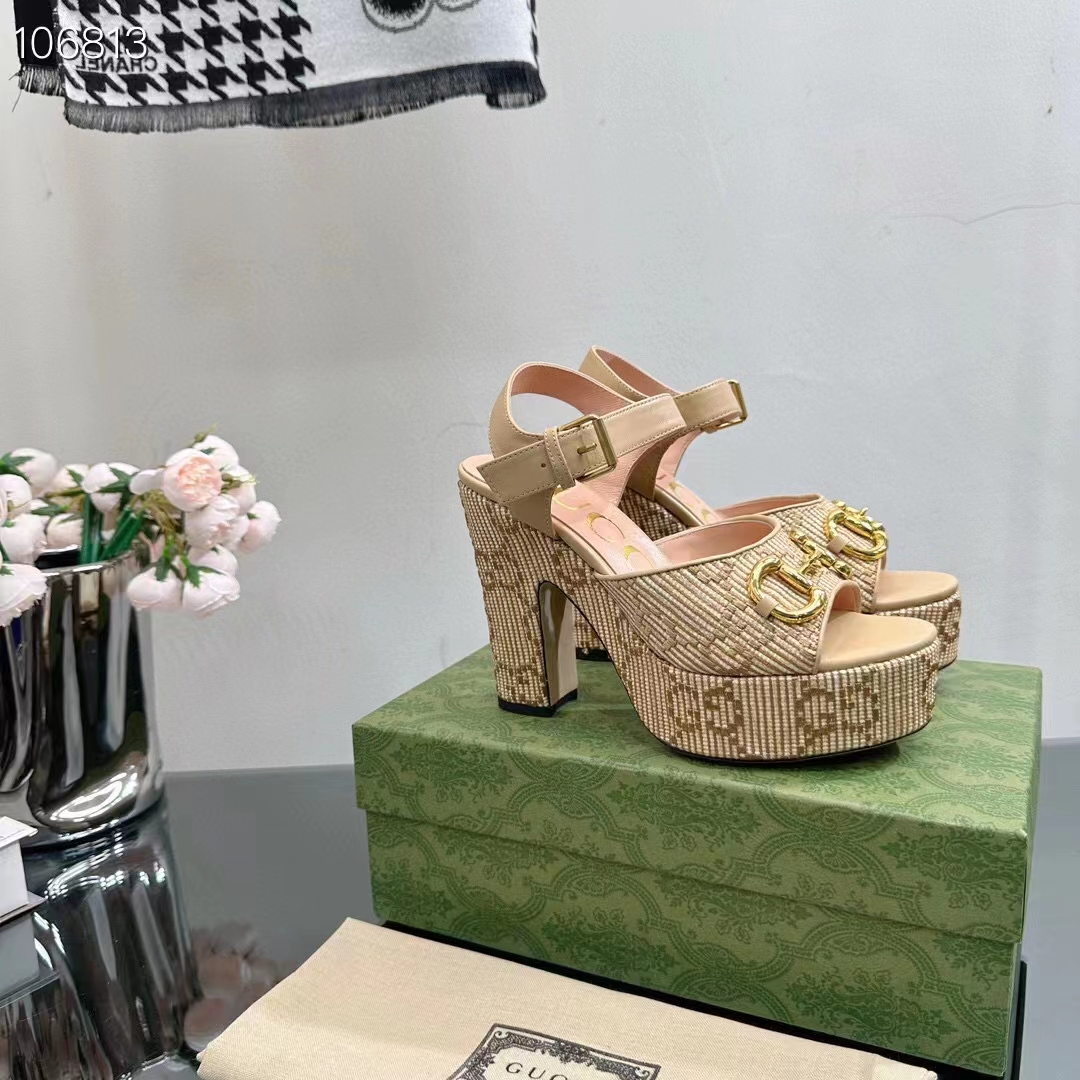 Gucci Women Horsebit Platform Sandal Natural GG Raffia High 12 CM Heel