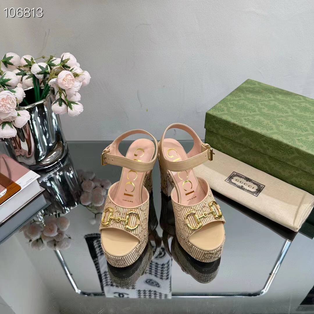Gucci Women Horsebit Platform Sandal Natural GG Raffia High 12 CM Heel