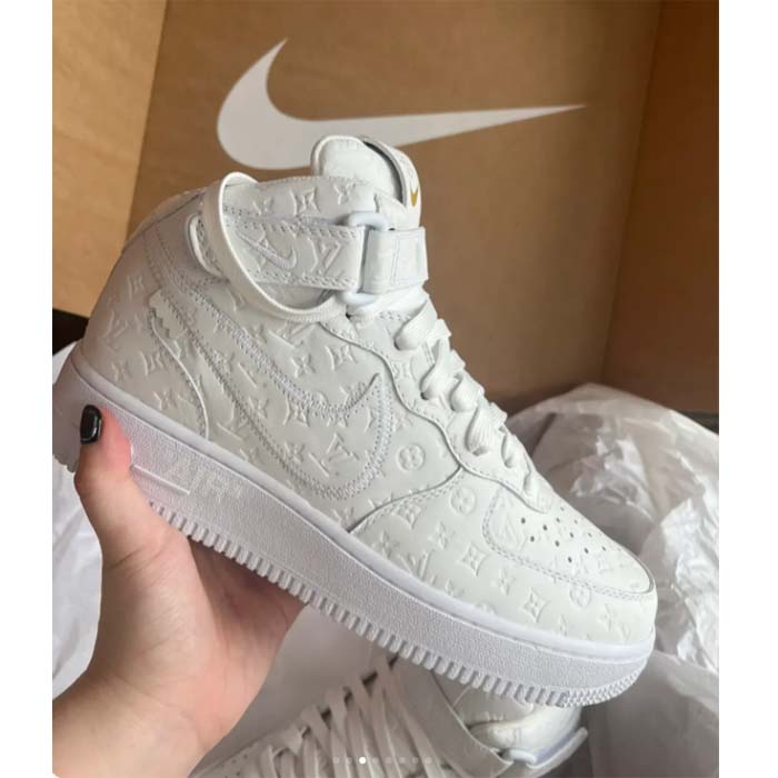 Louis Vuitton LV Unisex Nike Air Force 1 Sneaker Monogram Embossed White Calf Leather