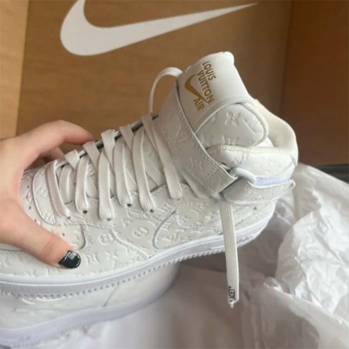 Louis Vuitton LV Unisex Nike Air Force 1 Sneaker Monogram Embossed White Calf Leather