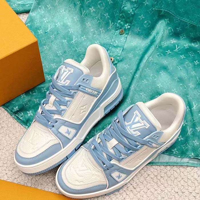 Louis Vuitton Unisex LV Trainer Sneaker Blue Mix of Materials Rubber Monogram Flowers