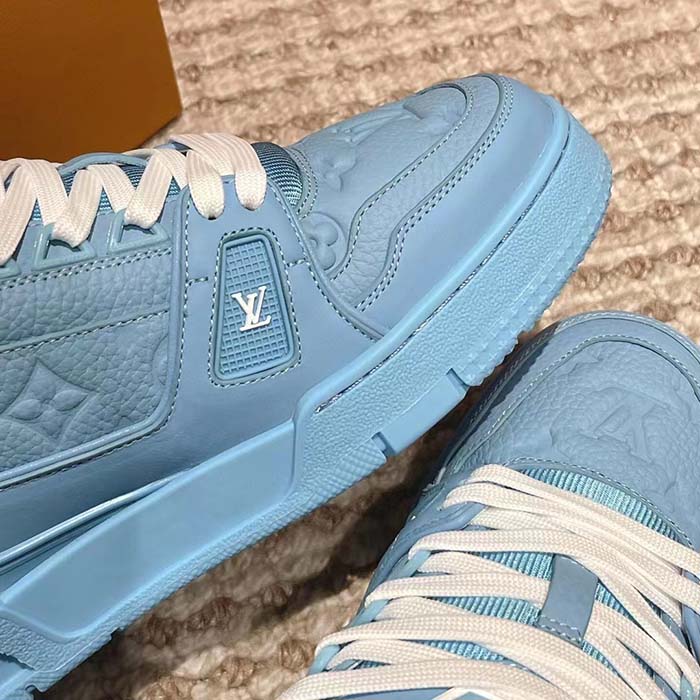 Louis Vuitton Unisex LV Trainer Sneaker Blue Monogram-Embossed Grained Calf Leather