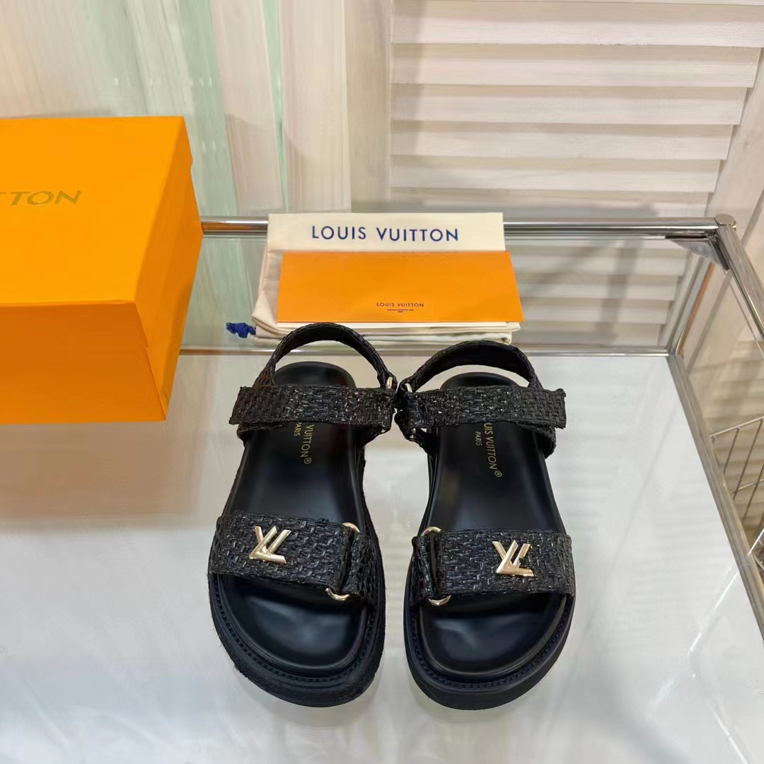 Louis Vuitton Women LV Sunset Flat Comfort Sandal Black Raffia Micro Outsole