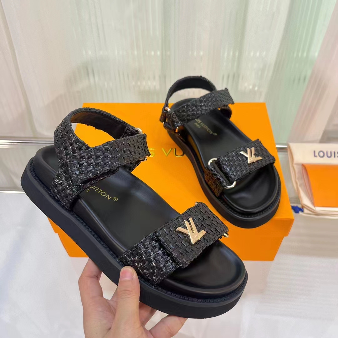Louis Vuitton Women LV Sunset Flat Comfort Sandal Black Raffia Micro Outsole