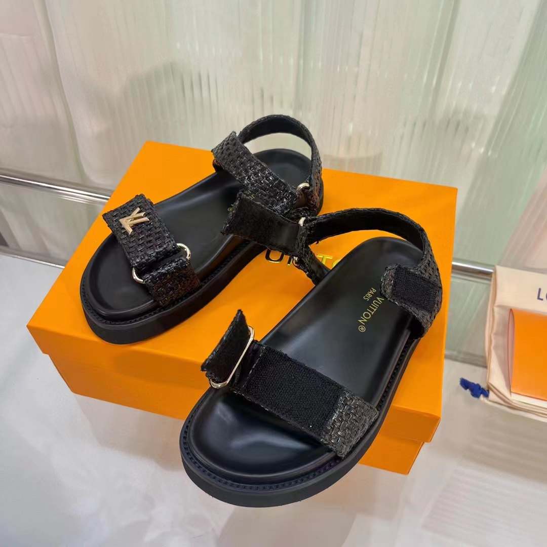 Louis Vuitton Women LV Sunset Flat Comfort Sandal Black Raffia Micro Outsole