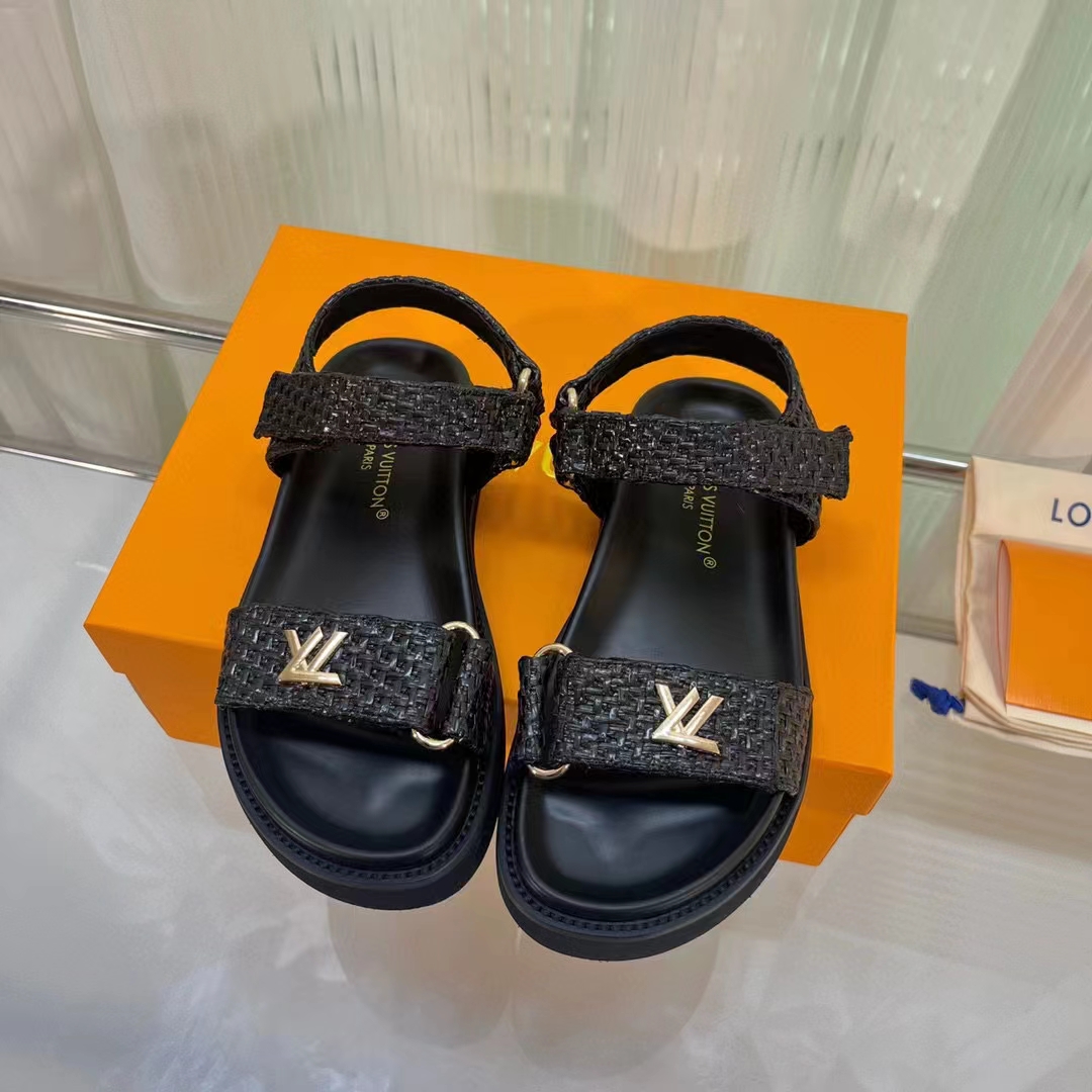 Louis Vuitton Women LV Sunset Flat Comfort Sandal Black Raffia Micro Outsole
