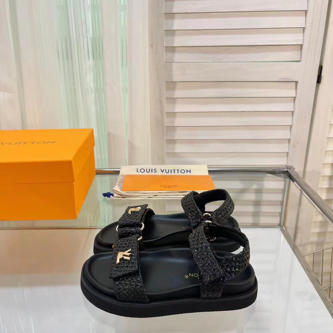 Louis Vuitton Women LV Sunset Flat Comfort Sandal Black Raffia Micro Outsole