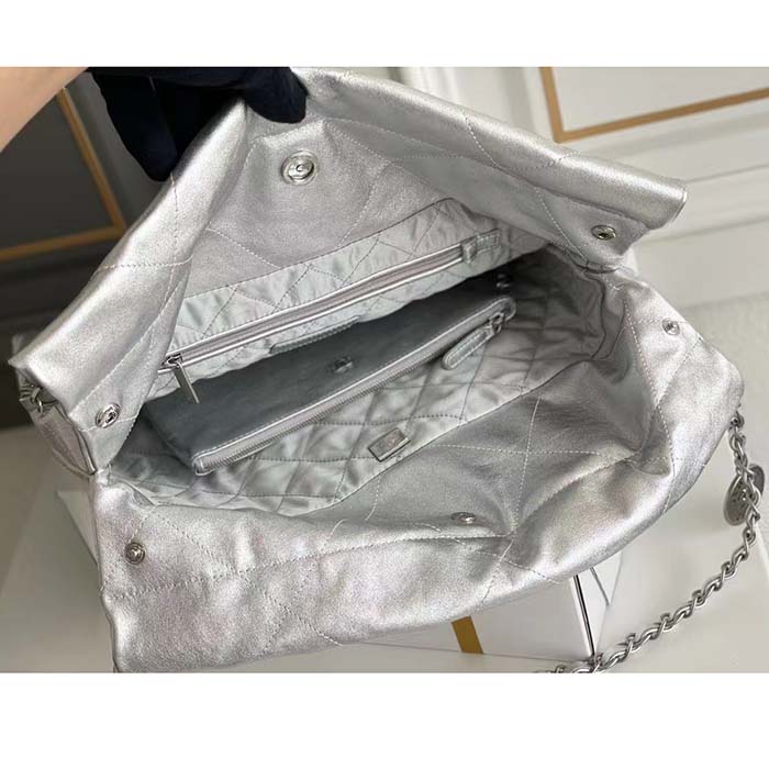 Chanel Women CC 22 Handbag Metallic Calfskin Silver-Tone Metal Silver