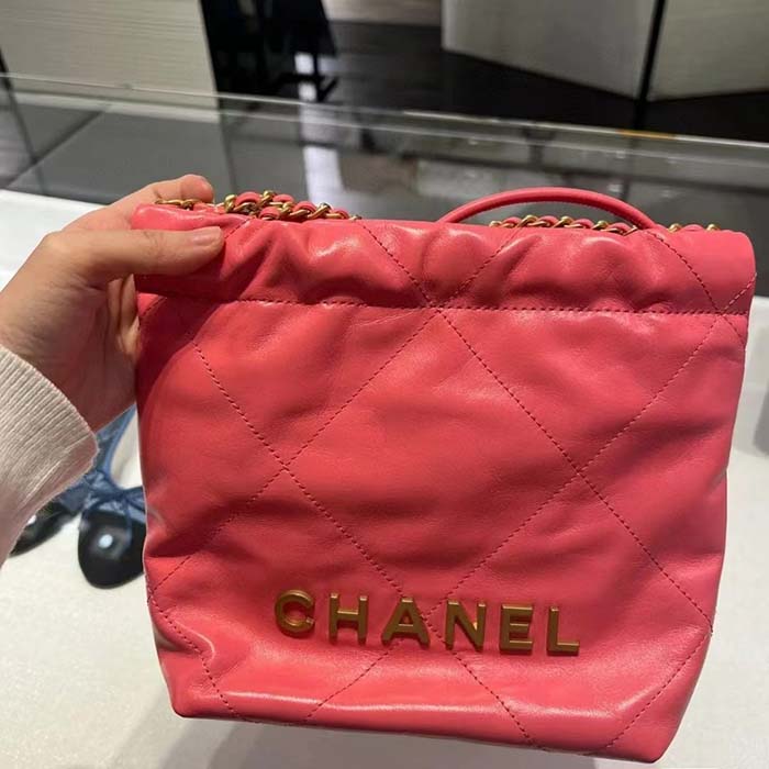 Chanel Women CC 22 Mini Handbag Shiny Calfskin Gold-Tone Metal Coral