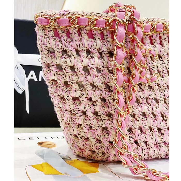 Chanel Women CC Small Shopping Bag Crochet Mixed Fibers Calfskin Beige Pink