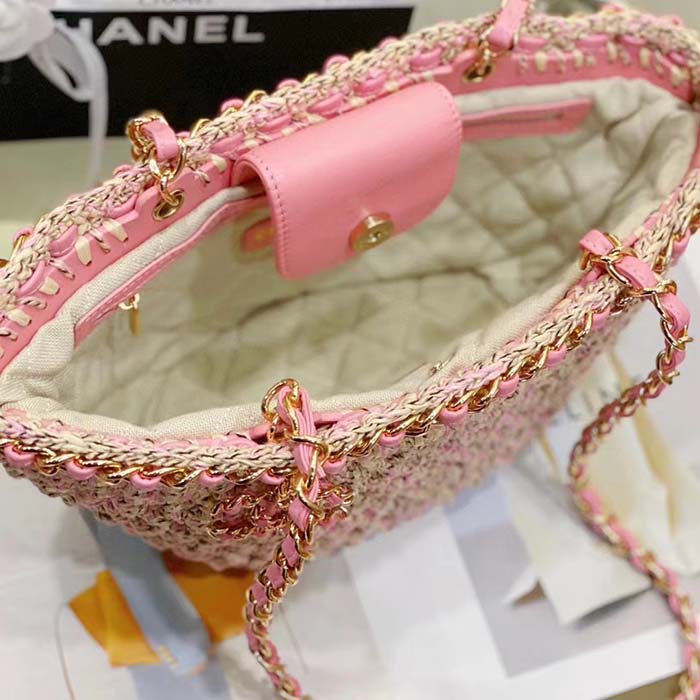 Chanel Women CC Small Shopping Bag Crochet Mixed Fibers Calfskin Beige Pink