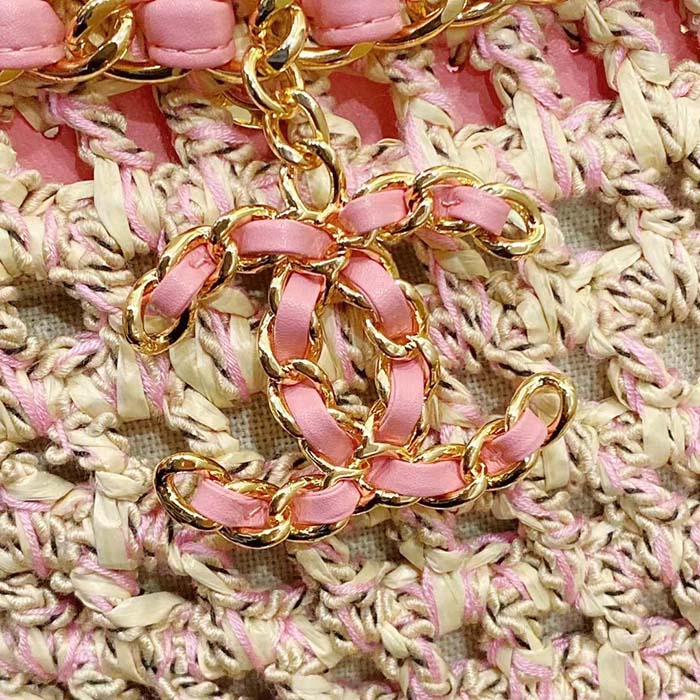 Chanel Women CC Small Shopping Bag Crochet Mixed Fibers Calfskin Beige Pink