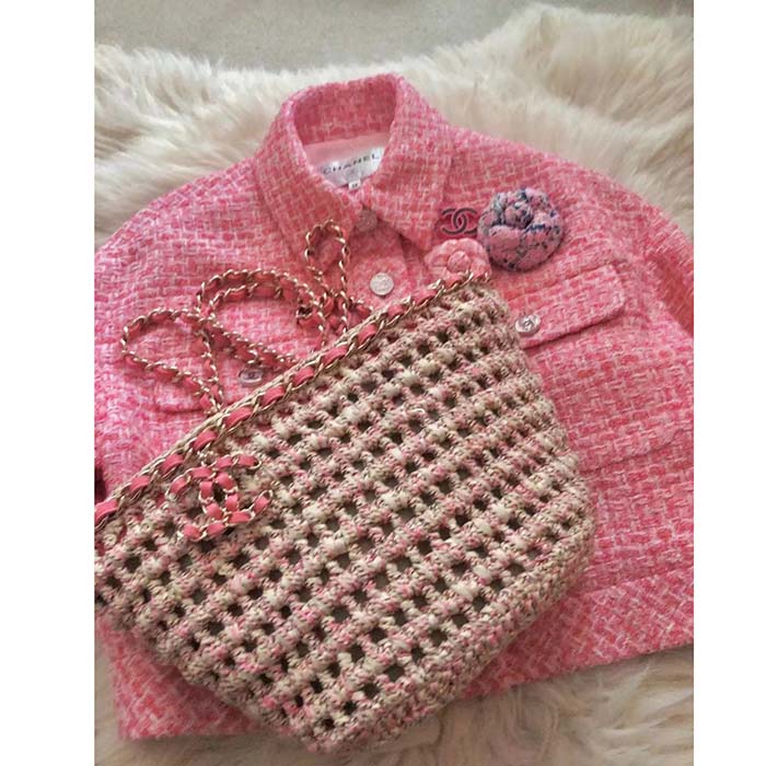 Chanel Women CC Small Shopping Bag Crochet Mixed Fibers Calfskin Beige Pink