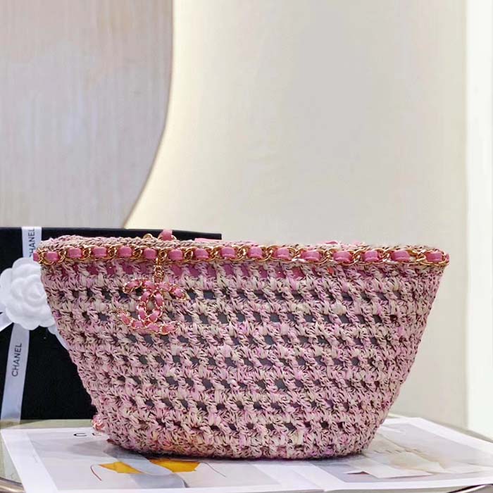 Chanel Women CC Small Shopping Bag Crochet Mixed Fibers Calfskin Beige Pink