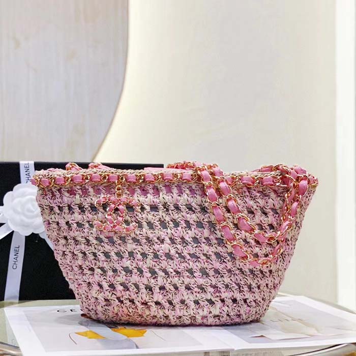 Chanel Women CC Small Shopping Bag Crochet Mixed Fibers Calfskin Beige Pink