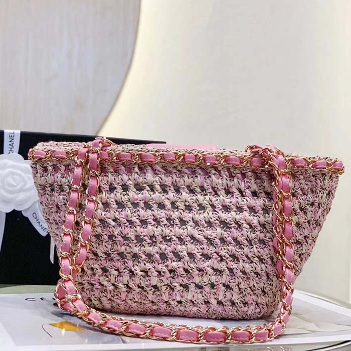 Chanel Women CC Small Shopping Bag Crochet Mixed Fibers Calfskin Beige Pink