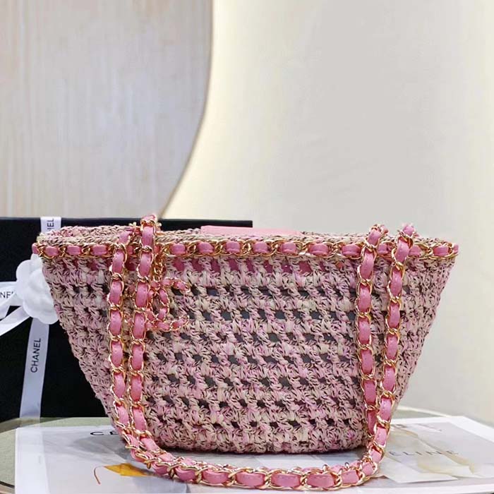 Chanel Women CC Small Shopping Bag Crochet Mixed Fibers Calfskin Beige Pink