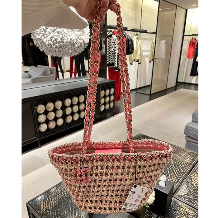 Chanel Women CC Small Shopping Bag Crochet Mixed Fibers Calfskin Beige Pink