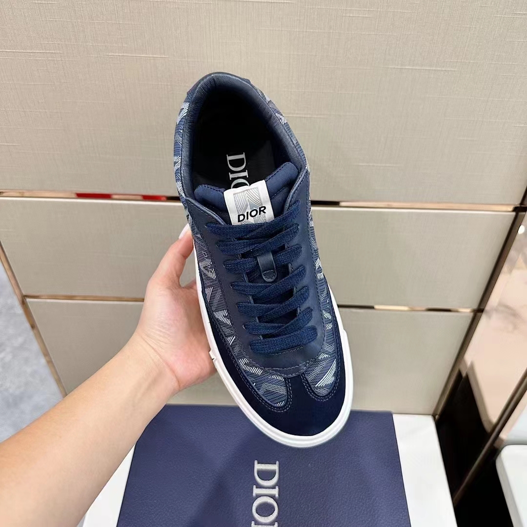 Dior Unisex Shoes B101 Sneaker Navy Blue CD Diamond Canvas Smooth Calfskin Nubuck