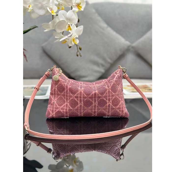 Dior Women CD Dior Dream Bag Ethereal Pink Cannage Cotton Bead Embroidery