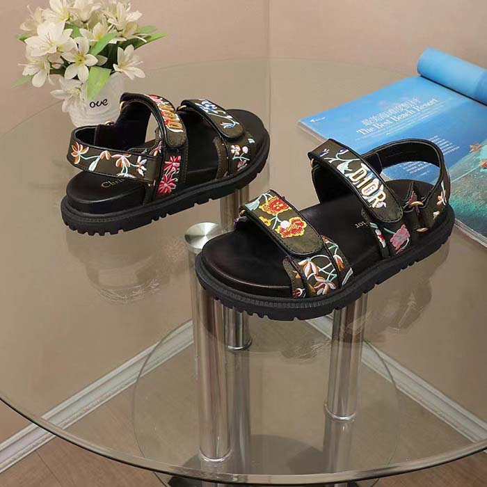 Dior Women CD Dioract Sandal Black Multicolor Technical Fabric Embroidered Petites Fleurs Motif