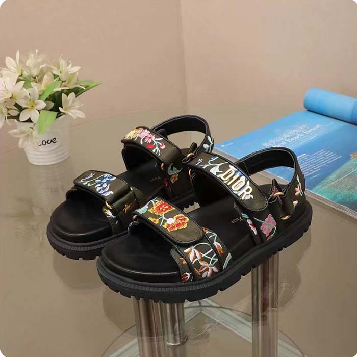 Dior Women CD Dioract Sandal Black Multicolor Technical Fabric Embroidered Petites Fleurs Motif