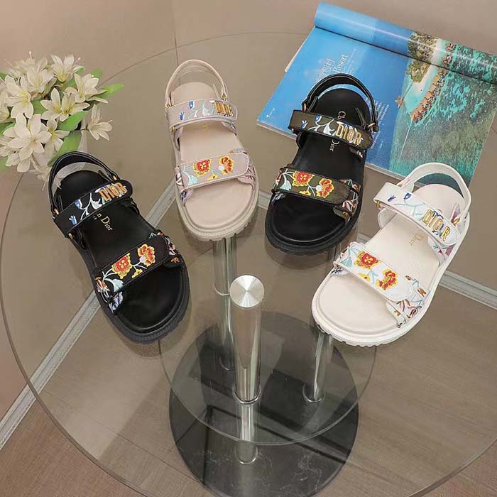 Dior Women CD Dioract Sandal Black Multicolor Technical Fabric Embroidered Petites Fleurs Motif