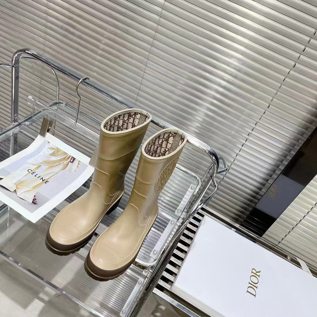 Dior Women CD Diorunion Rain Boot Beige Brown Two-Tone Rubber Dior Union Motif