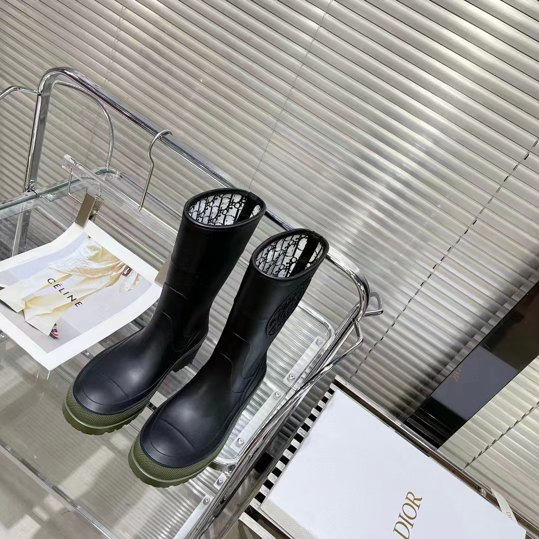 Dior Women CD Diorunion Rain Boot Black Khaki Two-Tone Rubber Dior Union Motif