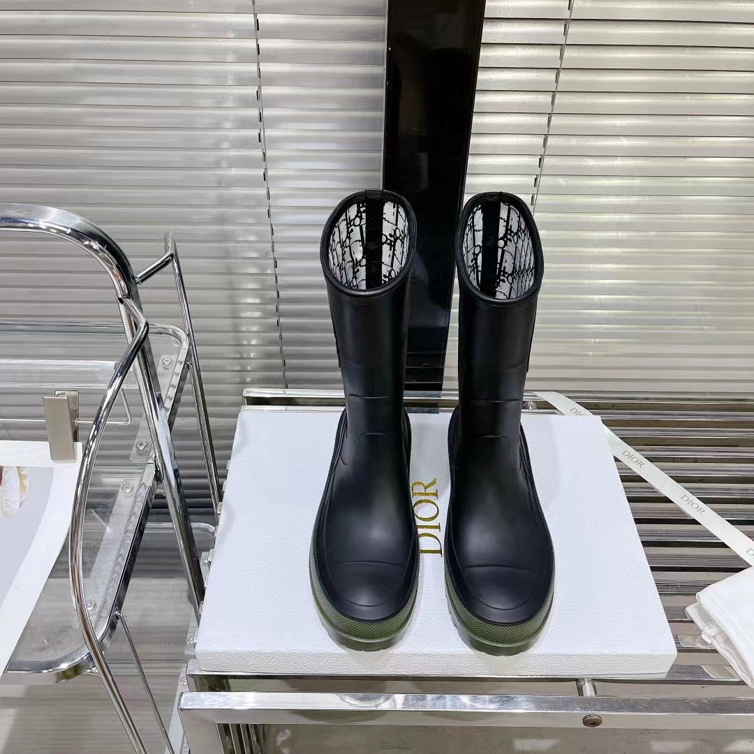 Dior Women CD Diorunion Rain Boot Black Khaki Two-Tone Rubber Dior Union Motif