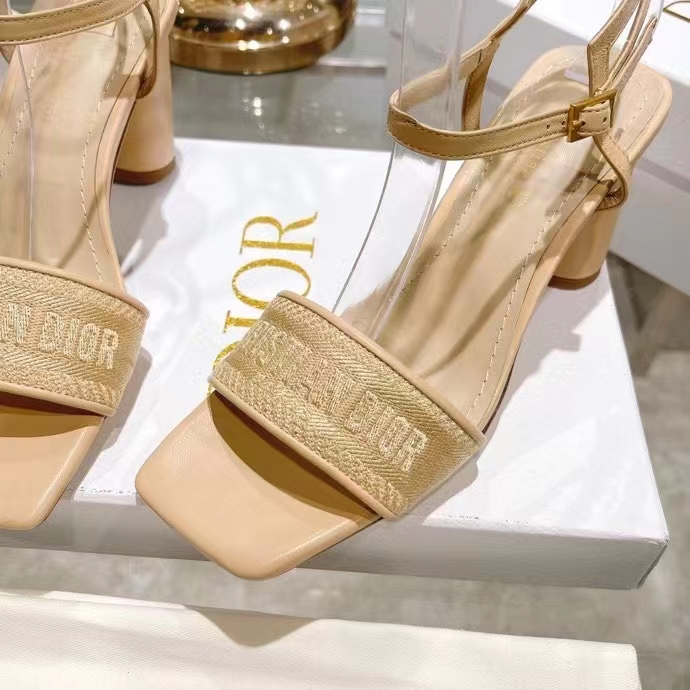 Dior Women CD Dway Heeled Sandal Nude Embroidered Satin Lambskin 10 CM Heel