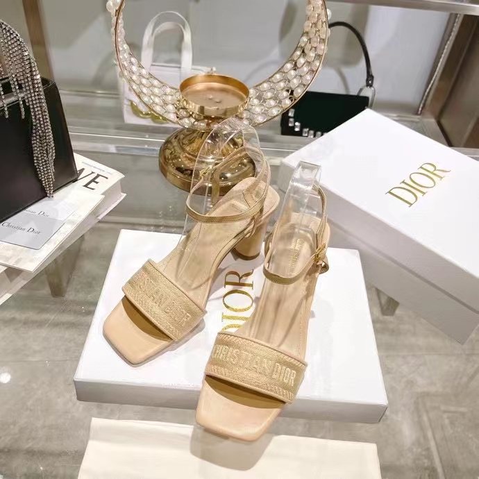 Dior Women CD Dway Heeled Sandal Nude Embroidered Satin Lambskin 10 CM Heel