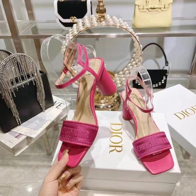 Dior Women CD Dway Heeled Sandal Rani Pink Embroidered Satin Lambskin