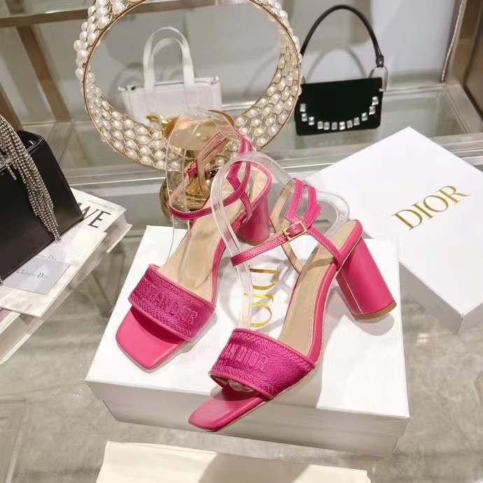 Dior Women CD Dway Heeled Sandal Rani Pink Embroidered Satin Lambskin