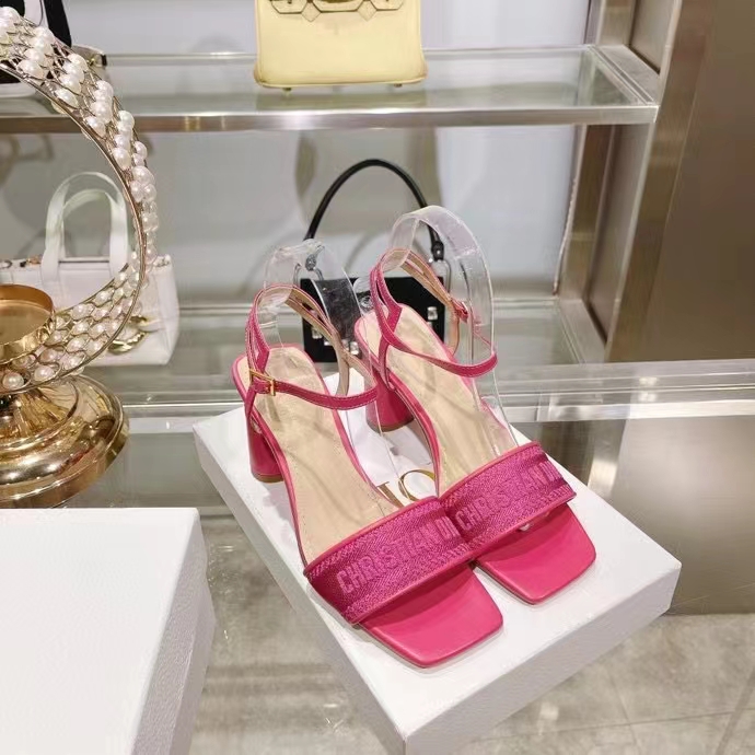 Dior Women CD Dway Heeled Sandal Rani Pink Embroidered Satin Lambskin