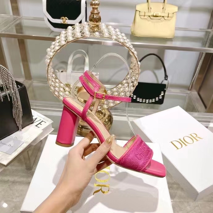 Dior Women CD Dway Heeled Sandal Rani Pink Embroidered Satin Lambskin