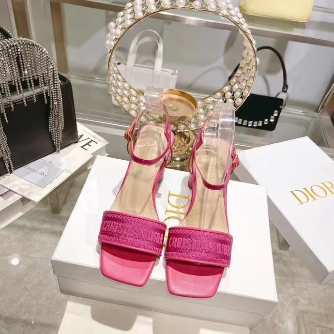 Dior Women CD Dway Heeled Sandal Rani Pink Embroidered Satin Lambskin
