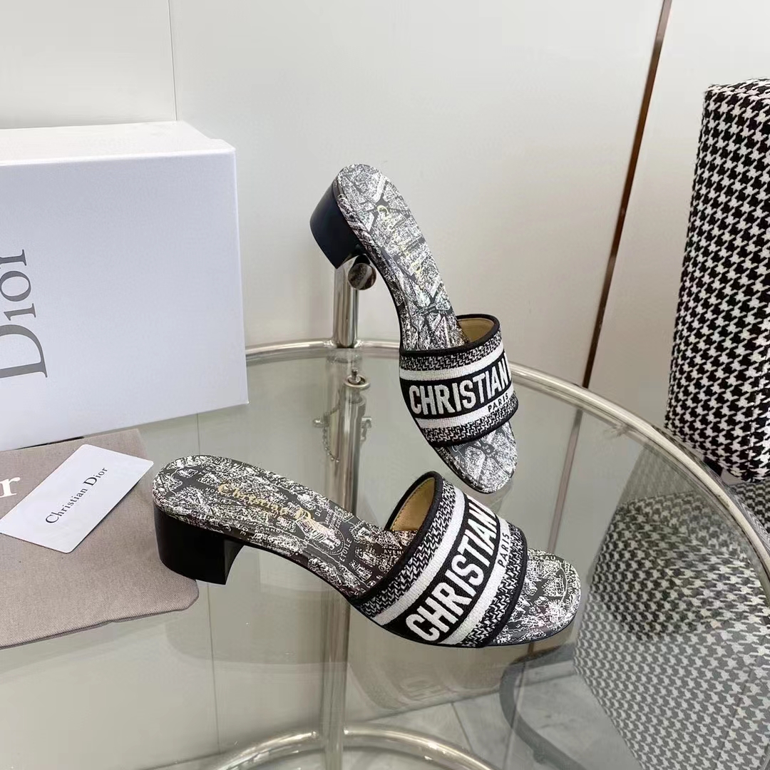 Dior Women CD Dway Heeled Slide White Black Embroidered Cotton Plan De Paris